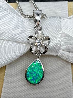Sterling Silver Pendant with Plumeria Flower and Blue/Green Opel